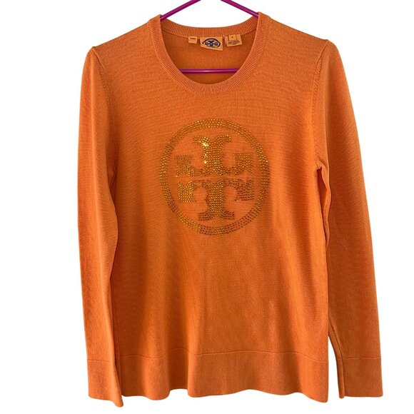 Tory Burch Womens Sweater Size Medium Orange Crystal Embellished Pure Wool - Picture 1 of 12
